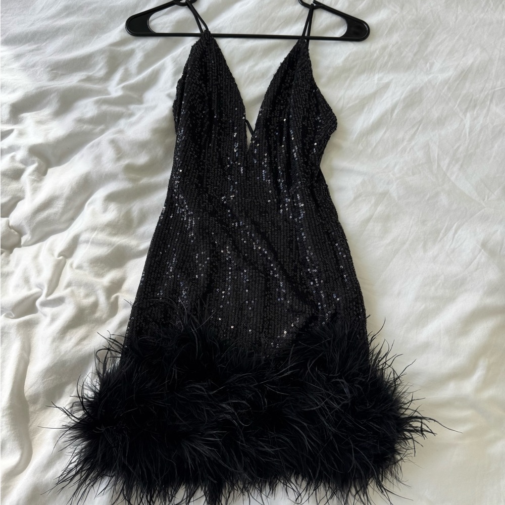 Black Sequin Feather Trim Dress - perfect for Halloween Witch costume!